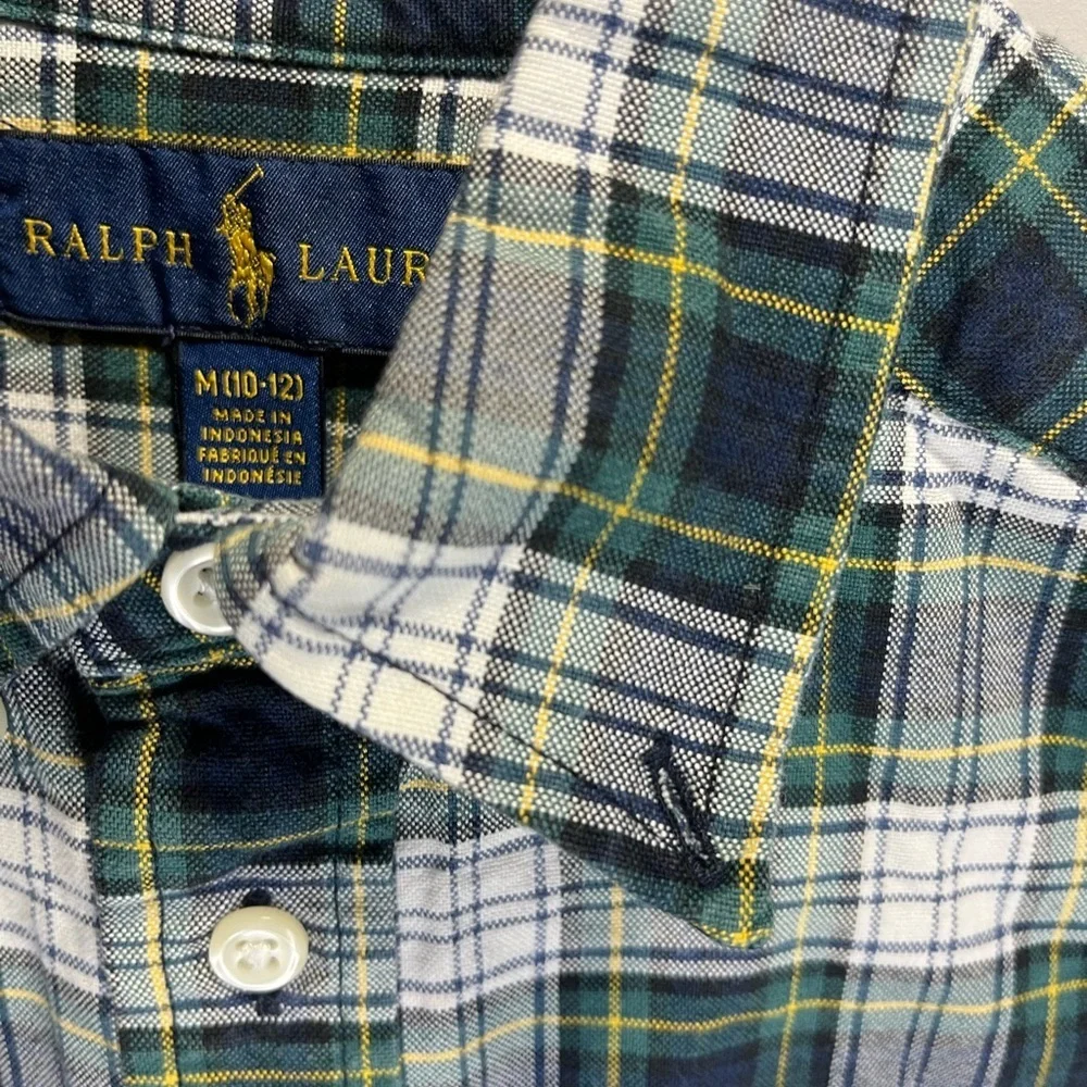 Ralph Lauren Boys Medium Green White Navy Plaid Button Down Shirt